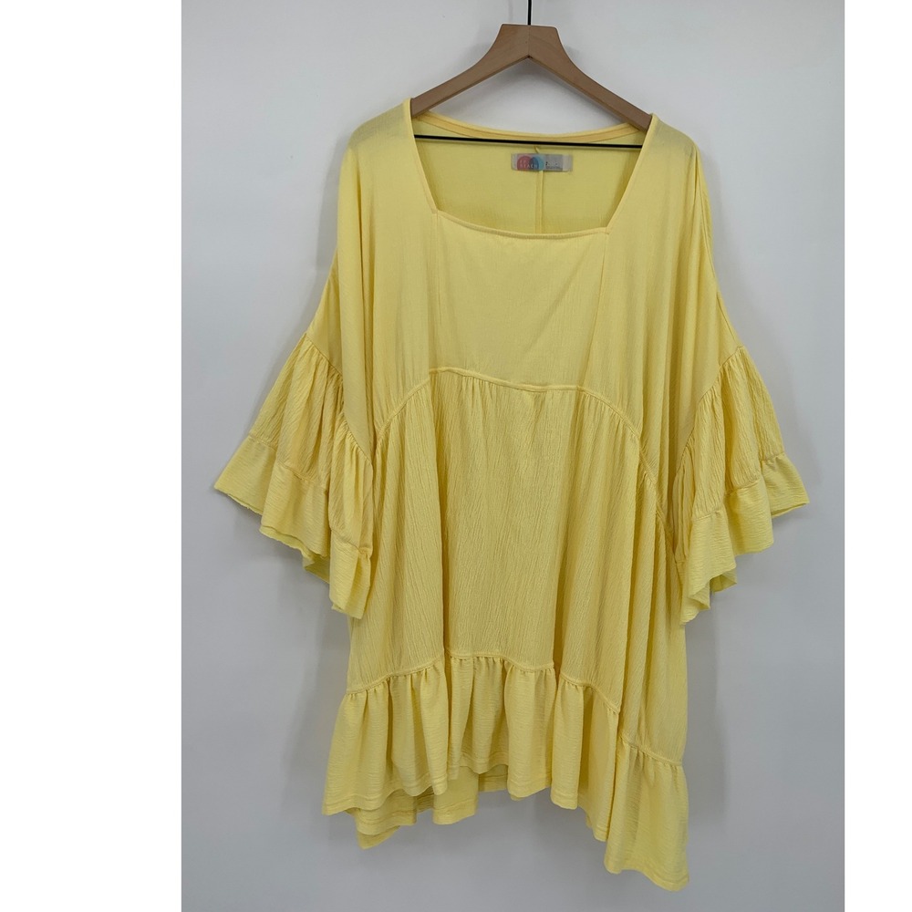 Free People Beach Dress Womens Small Yellow Ruffle Sleeve Tiered Gauze Mini Boho